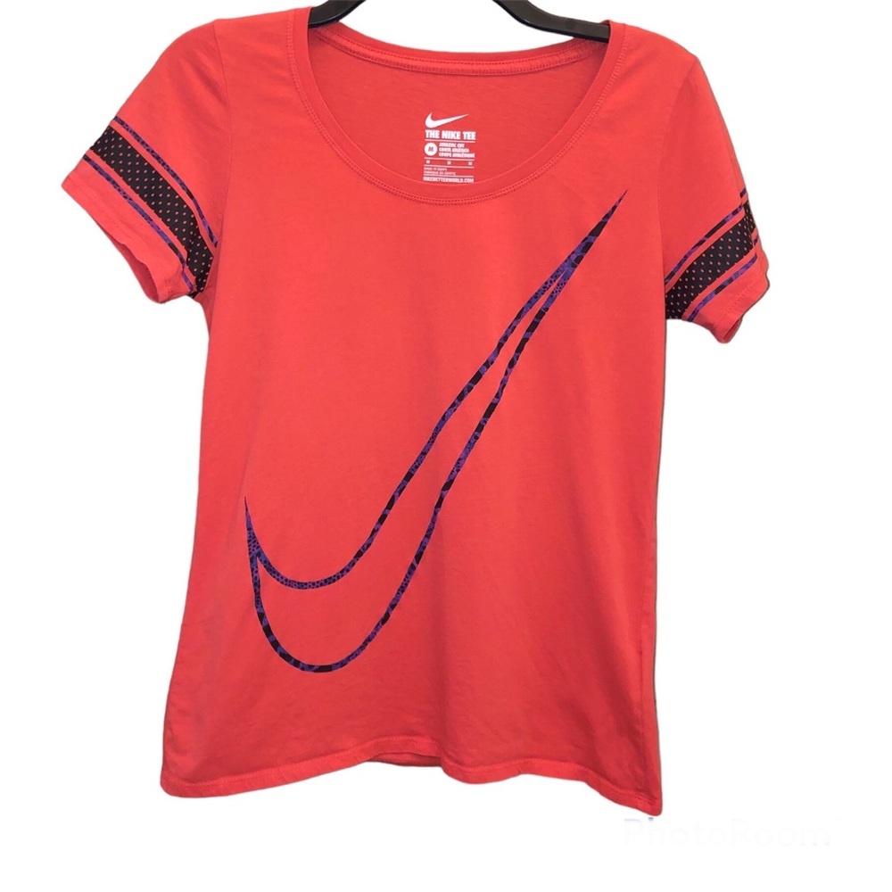 Nike‎ Tee Athletic Cut Swoosh Logo Striped Short Sleeves Orange Purple Medium